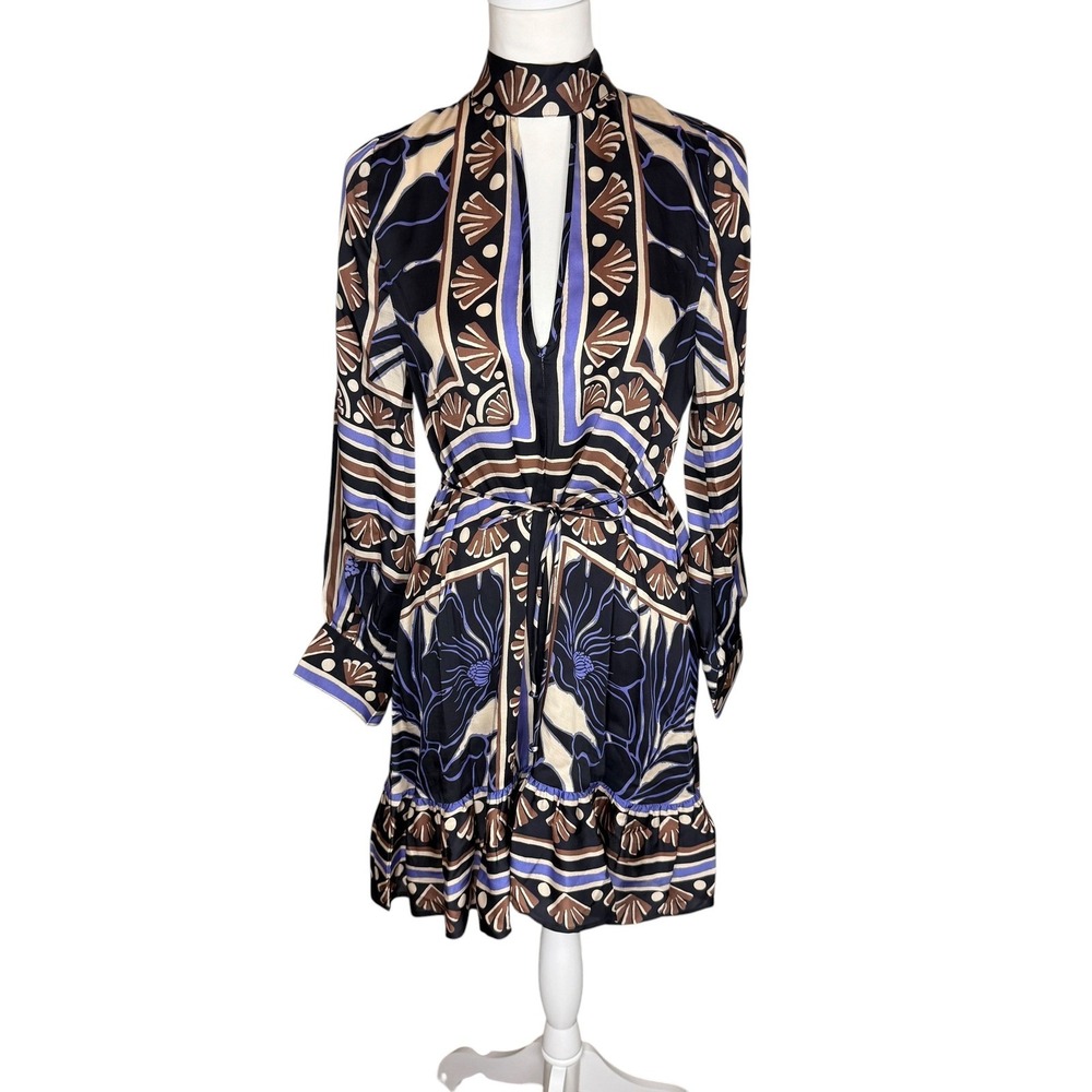 West Of. Elaine Mini Dress Fleur Scarf Print Navy Purple Tan Small NWT Bow